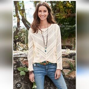 Sundance Ivory Cream Lace Crochet Tunic Sheer Pullover Blouse-Large